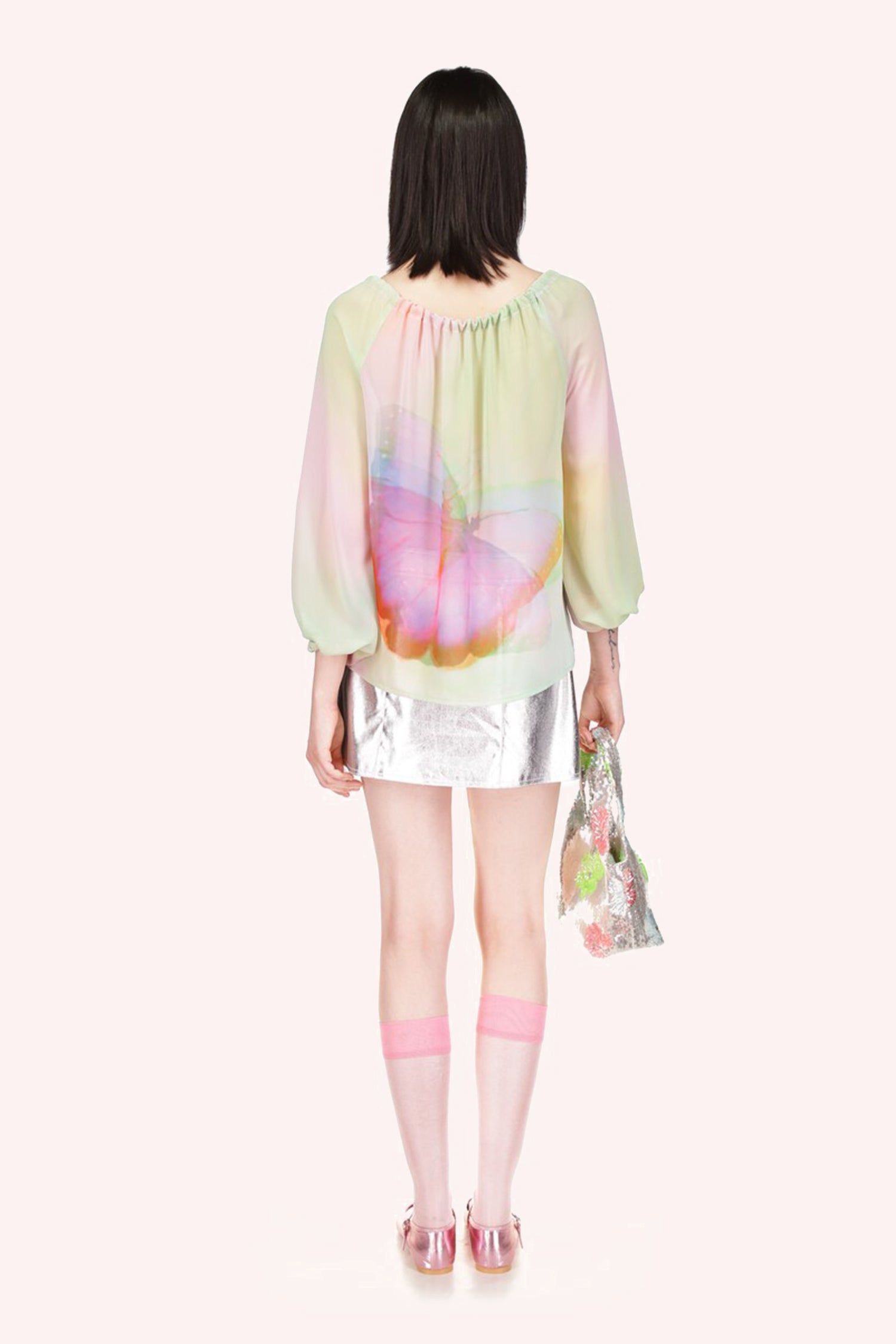 Impressionism Butterfly Blouse Rainbow with a stylized butterfly in pink and green print in the back