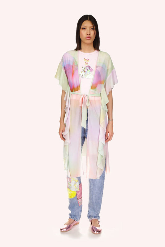 Impressionism Butterfly Rainbow Kaftan, knees long, short sleeves, tied in front with a green ribbon
