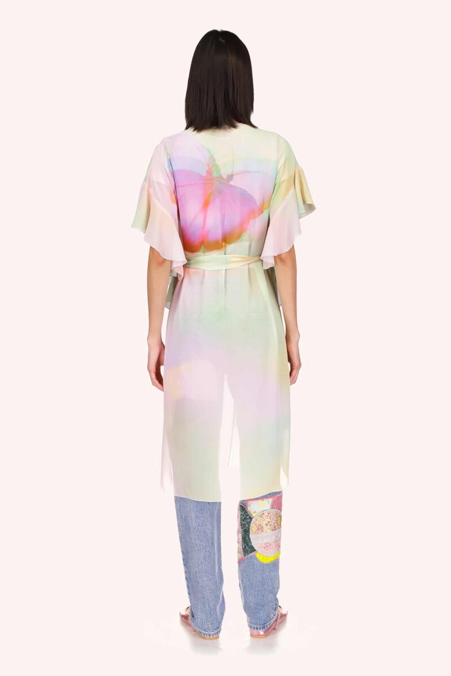 Impressionism Butterfly Rainbow Kaftan, ruffle sleeves, tied with a green ribbon at waist.