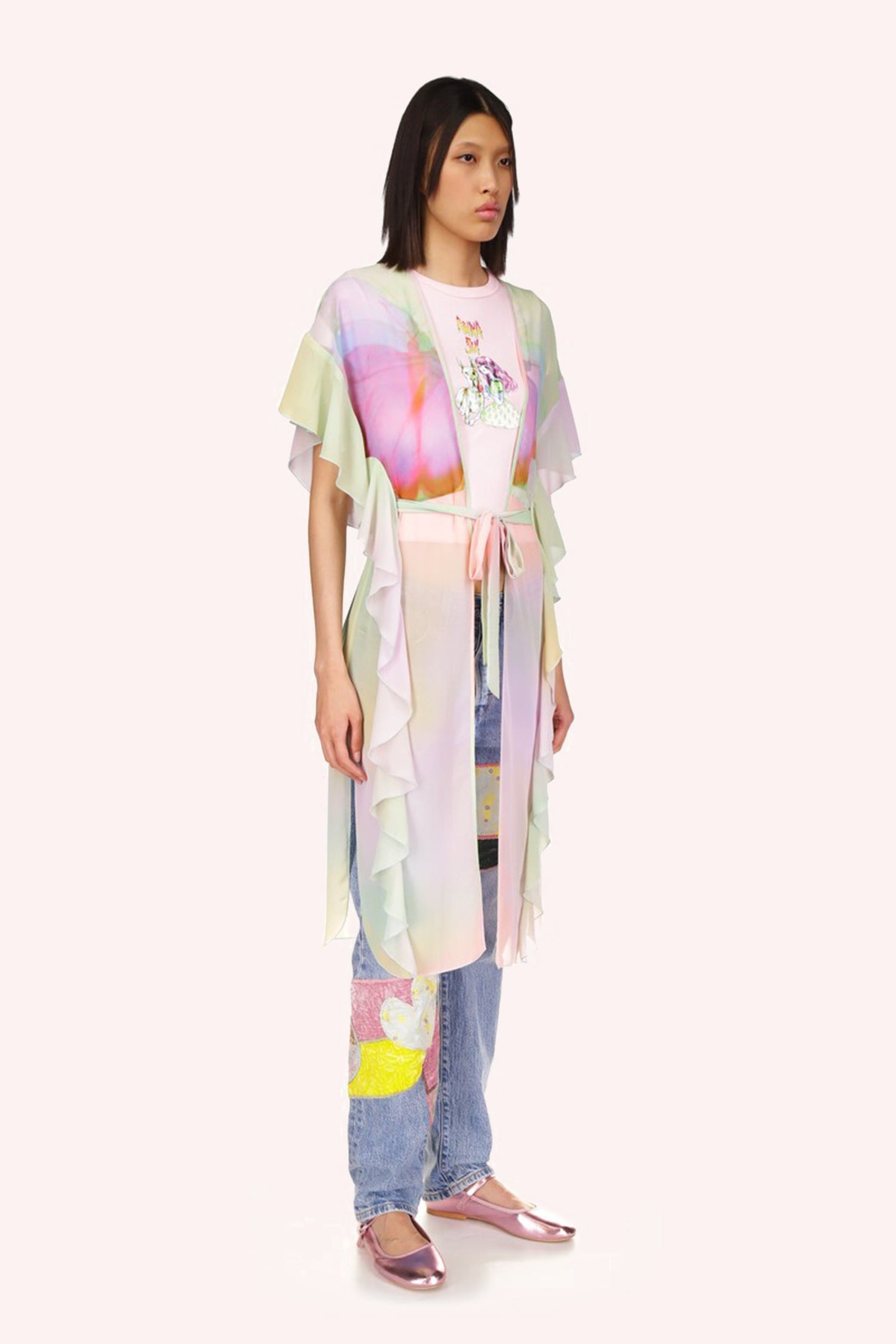 Impressionism Butterfly Rainbow Kaftan, knees long, See-thru, slit and ruffle effect on each side. 