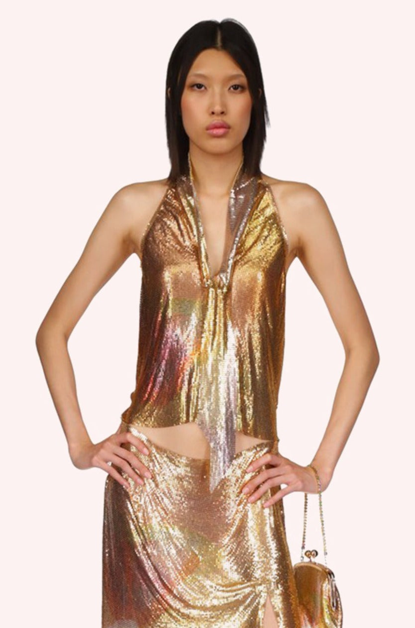 Impressionism Butterfly Chainmail Gold Top, hips long, sleeveless, V-collar cut, collar ribbon knot