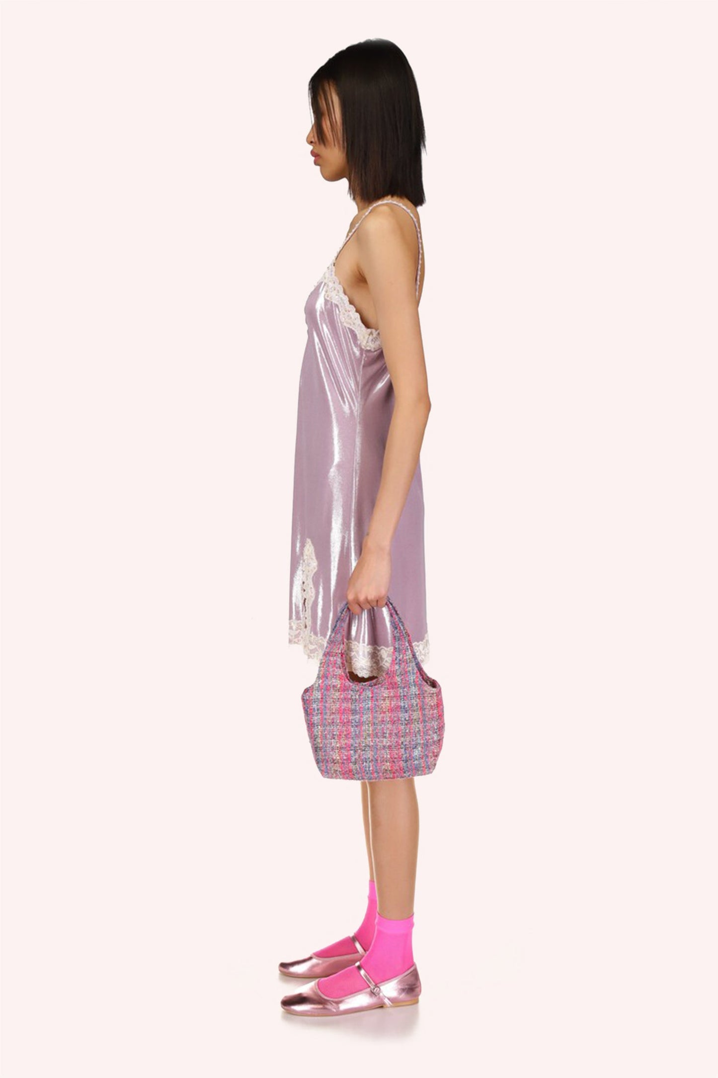 Metallic Knit Slip Dress Lilac, sleeveless, 2-white straps over the shoulders, deep cut under arms