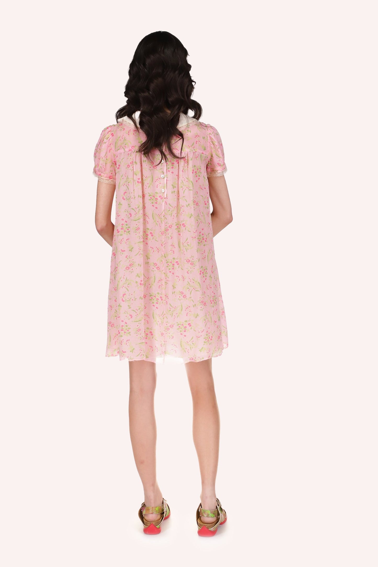 Babydoll Dress baby pink with floral pattern, with 3-pans ruffles effect from shoulders down