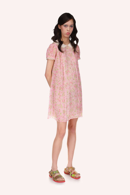 Babydoll Dress baby pink with floral pattern red and green, rounded white collar starting at center