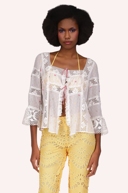 Cluny Lace Trimmed Floral Swiss Dot Blouse, square collar, mid-arm sleeves, see-thru, hips long.