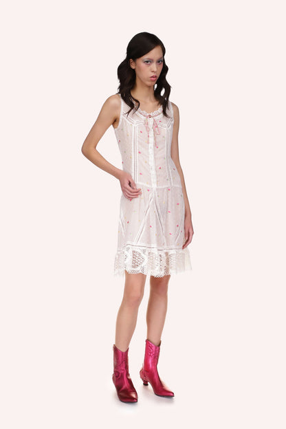 Cluny Lace Trimmed Floral Swiss Dot Slip Dress is white and a see-thru fabric