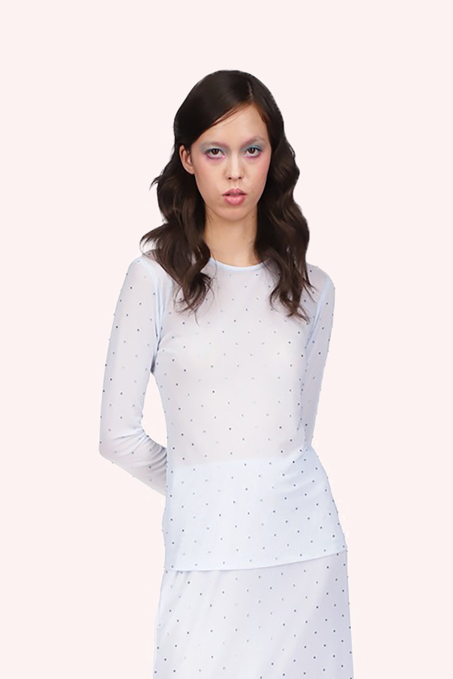 Top Powder Blue, hips long, very light blue with small dark dots, neckline collar, long sleeves