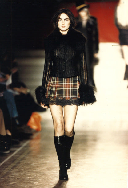 Runway photo of Crochet Knit Faux Curly Lamb Trimmed Fur Snap Top