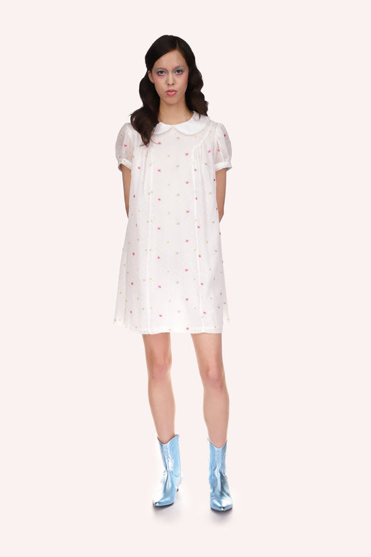 Cluny Lace Trimmed Floral Swiss Dot dress, rounded collar, mid-arm sleeves, see-thru, mid-thigh