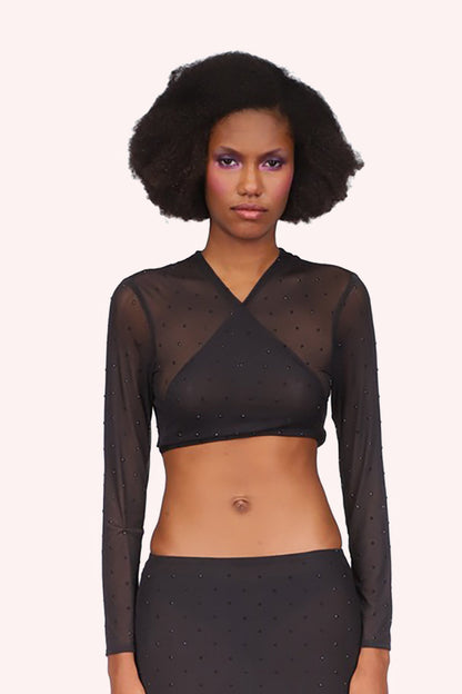 Rhinestone Mesh Tie Top Black, diagonal cross over, see-thru, adorned with shiny black beads.