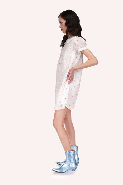 Cluny Lace Trimmed Floral Swiss Red Dot dress, lace on hems, rounded flap collar