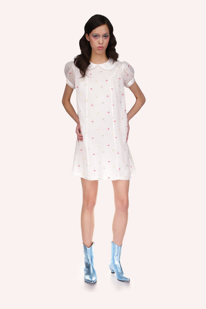 Cluny Lace Trimmed Floral Swiss Dot Babydoll Dress, white with red spots, plain white hems