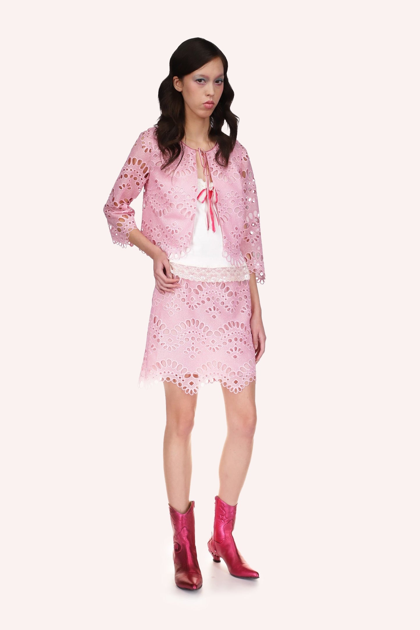Eyelet Skirt, pink, above knees long, large oval eyelets in a round shaped alignment.