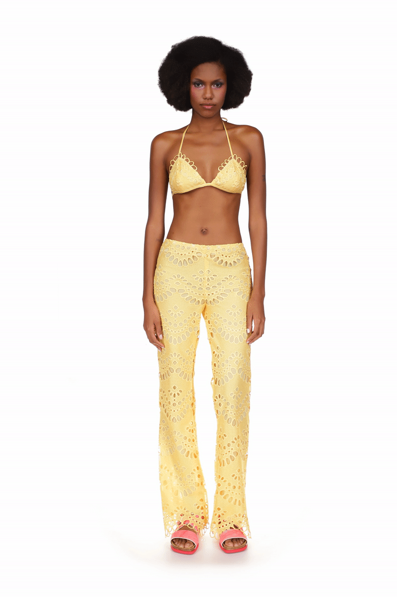 Eyelet Pants fit at hips high, cover shoes, the fabric is slightly see-thru at bottom