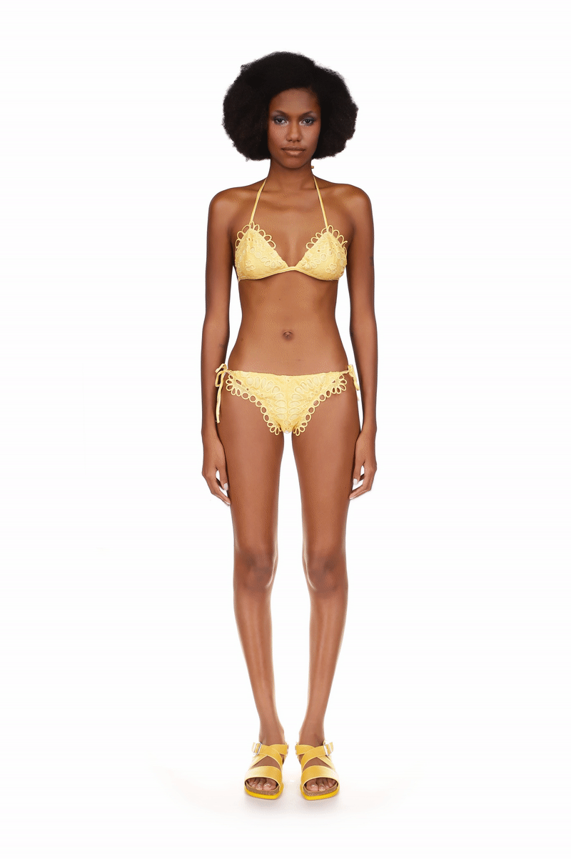 Eyelet Bikini Set, yellow straps around the neck and back for the top and on hips for the bottom