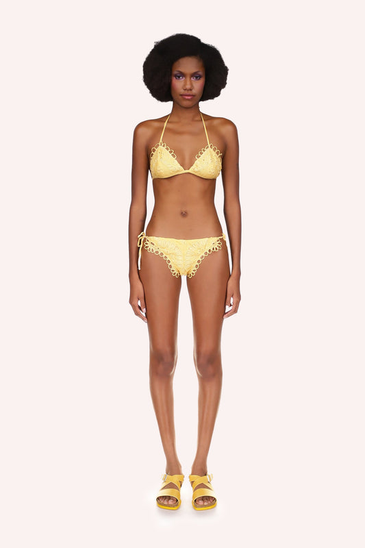 Eyelet Bikini Set 2 pieces in yellow, hems are with a laced like eyelet design