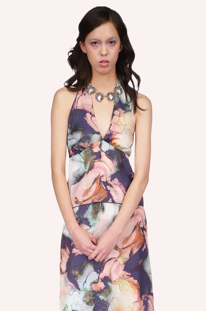 Cosmos Satin Halter Sleeveless Top, 2-straps design a V-collar, large amethyst floral design