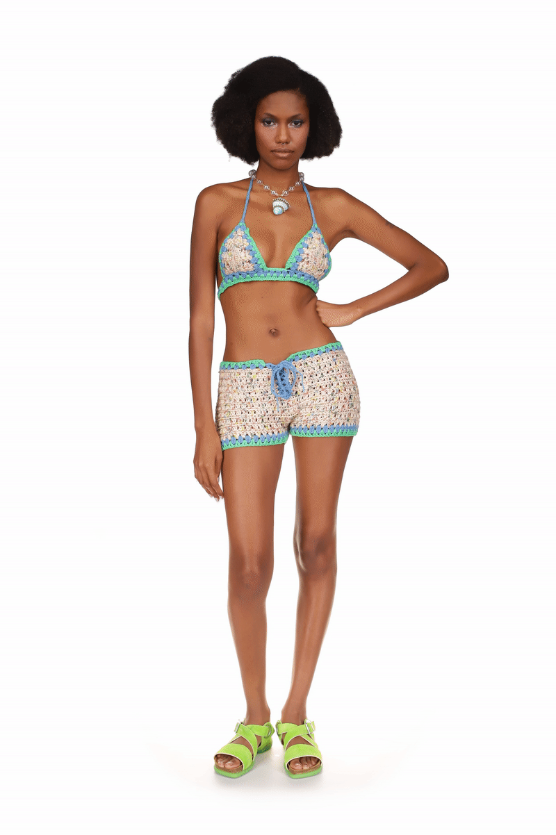 Rivera Crochet Set Marine, hems are in hue of blue, Short & top is tied with a blue ribbon