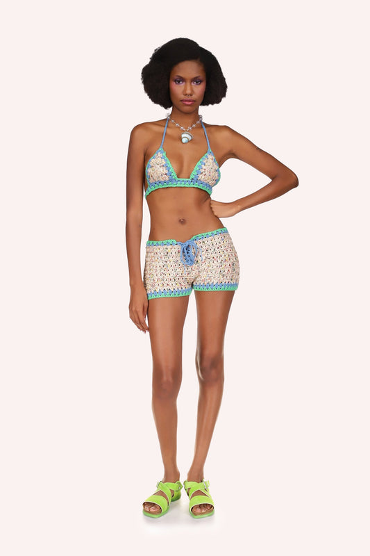 Rivera Crochet Set Marine, hems are in hue of blue, Short is tied with a blue ribbon