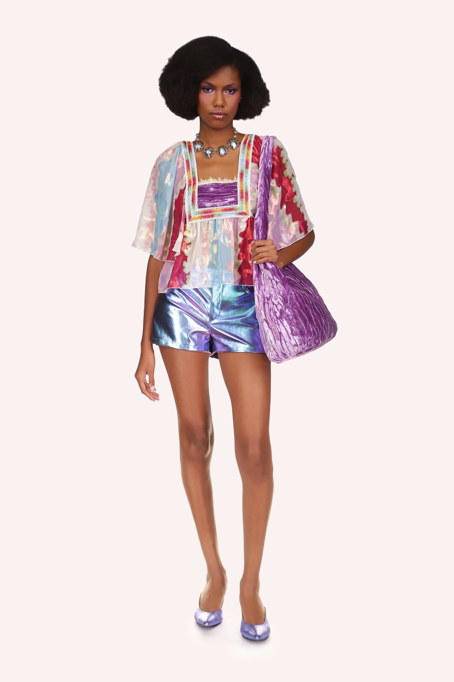 Wavy Clouds Velvet Blouse, multi-colored wavy lines cloudy design paired with metallic blue short