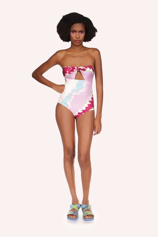 Multi-colored full Bathing Suit wavy lines cloudy design in red, white, pink, and blue