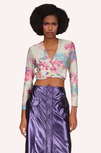 Atlantis Garden Wrap Top, beige and purple with Azalea floral design