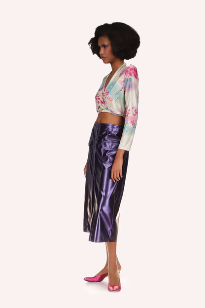 Atlantis Garden Wrap Top, beige and purple with Azalea floral design, under bust long