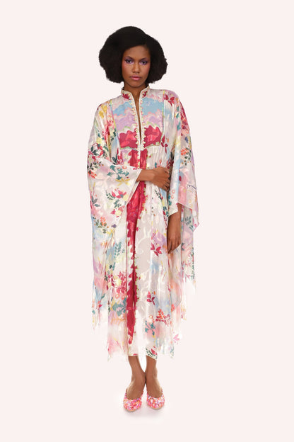 Atlantis Garden Kaftan, long flowing garment, long sleeves, wavy lines white & purple, floral design