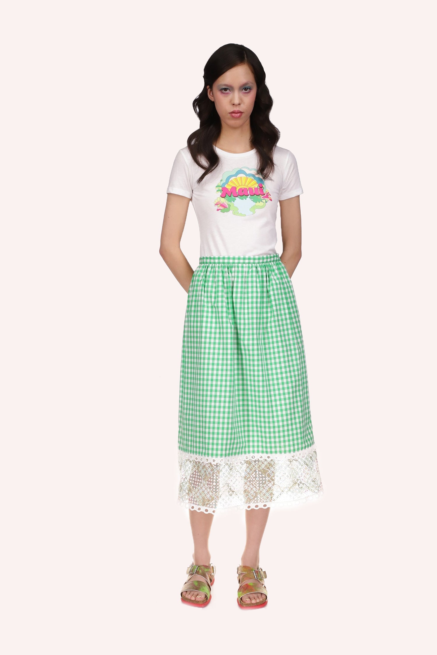 Gingham Skirt white and green, large see-thru lace at bottom with a darker lace border