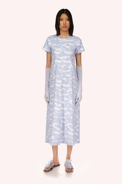 Sauvage Jacquard Dress Powder Blue, mid-calf long, short sleeves, neckline collar, 