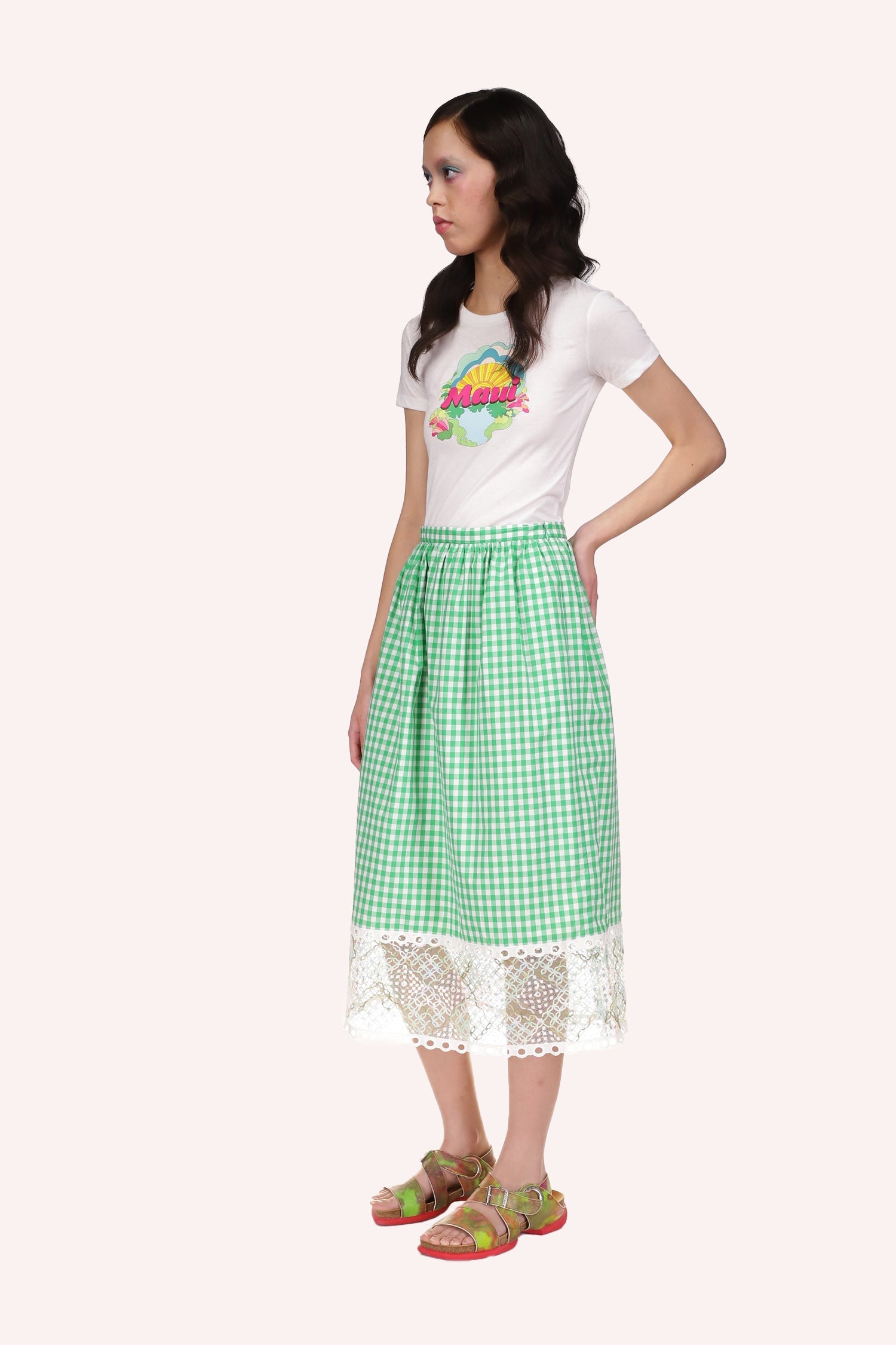 Gingham Skirt white and green, mid-calf long, large see-thru lace at bottom.
