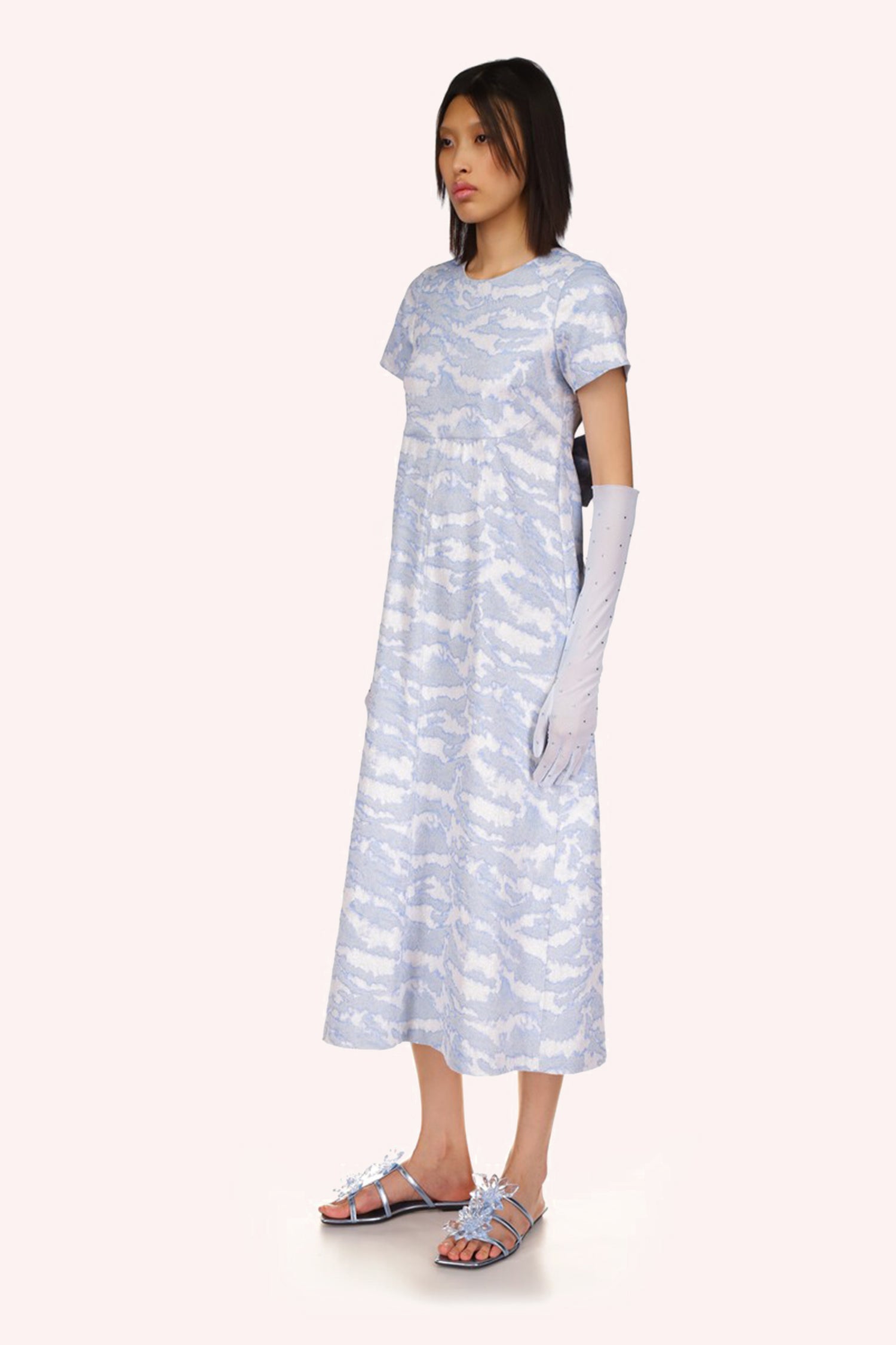 Sauvage Jacquard Dress Powder Blue, dotted with light blue clouds on a Powder Blue