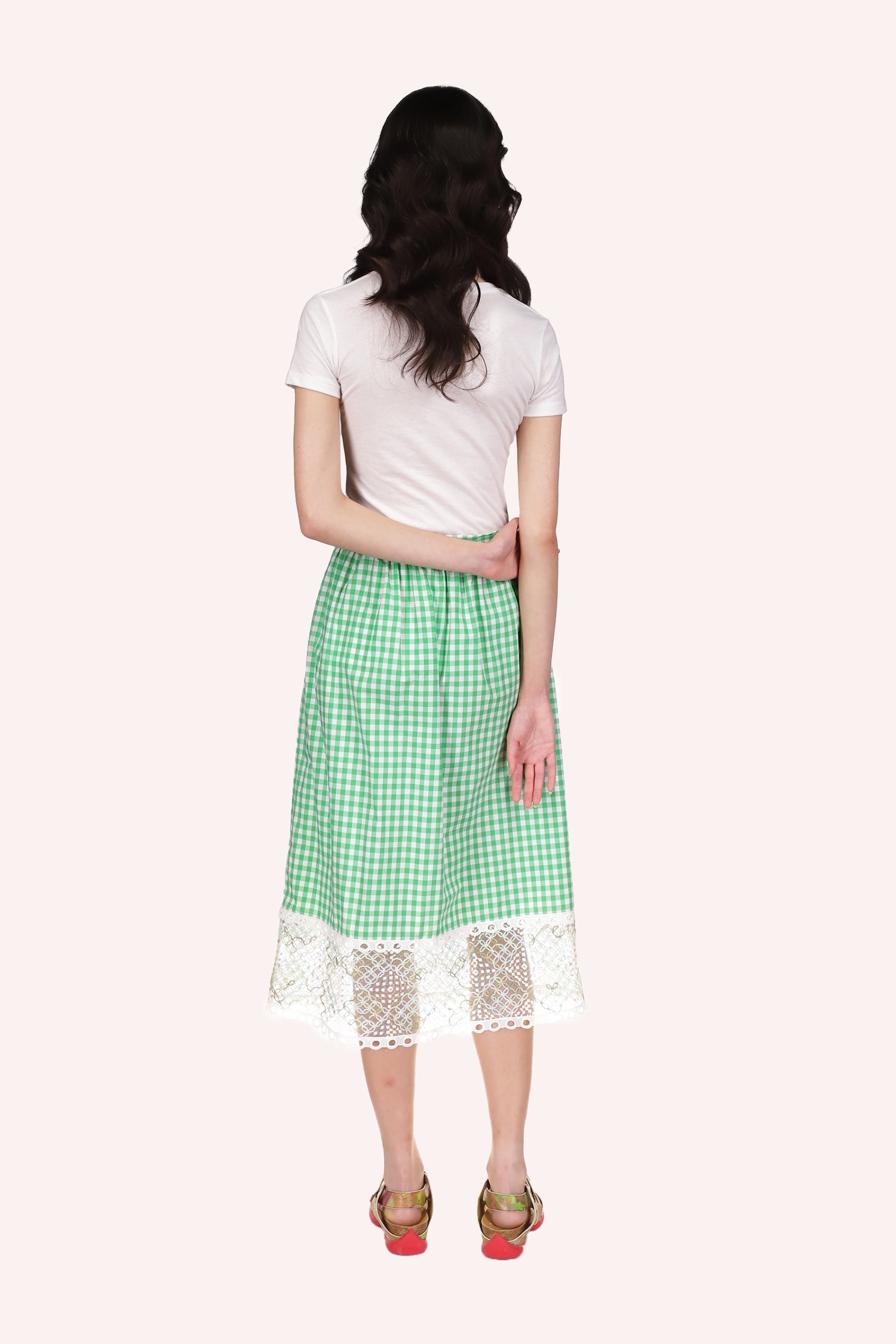 Gingham Skirt fit at the top & larger from waist down, large see-thru lace at bottom hem