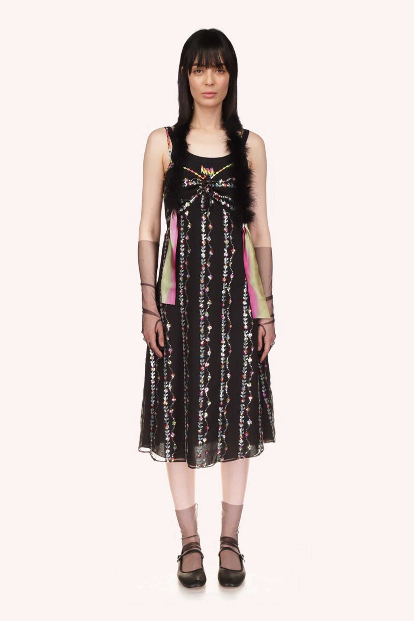 Floral Fantasy Dress, shiny rainbow design is set on a transparent background, mid-calf, sleeves less
