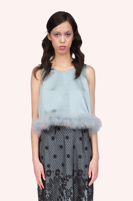 Washed Dusty Blue  Satin With Lace Top Trimmed With Marabou Feather at waist line, sleeveless