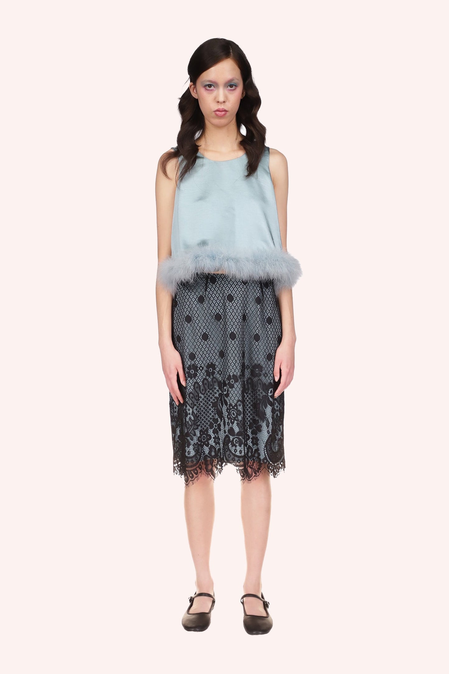 Washed Dusty Blue Satin with Lace Top Trimmed with Marabou Feather at waistline, round collar