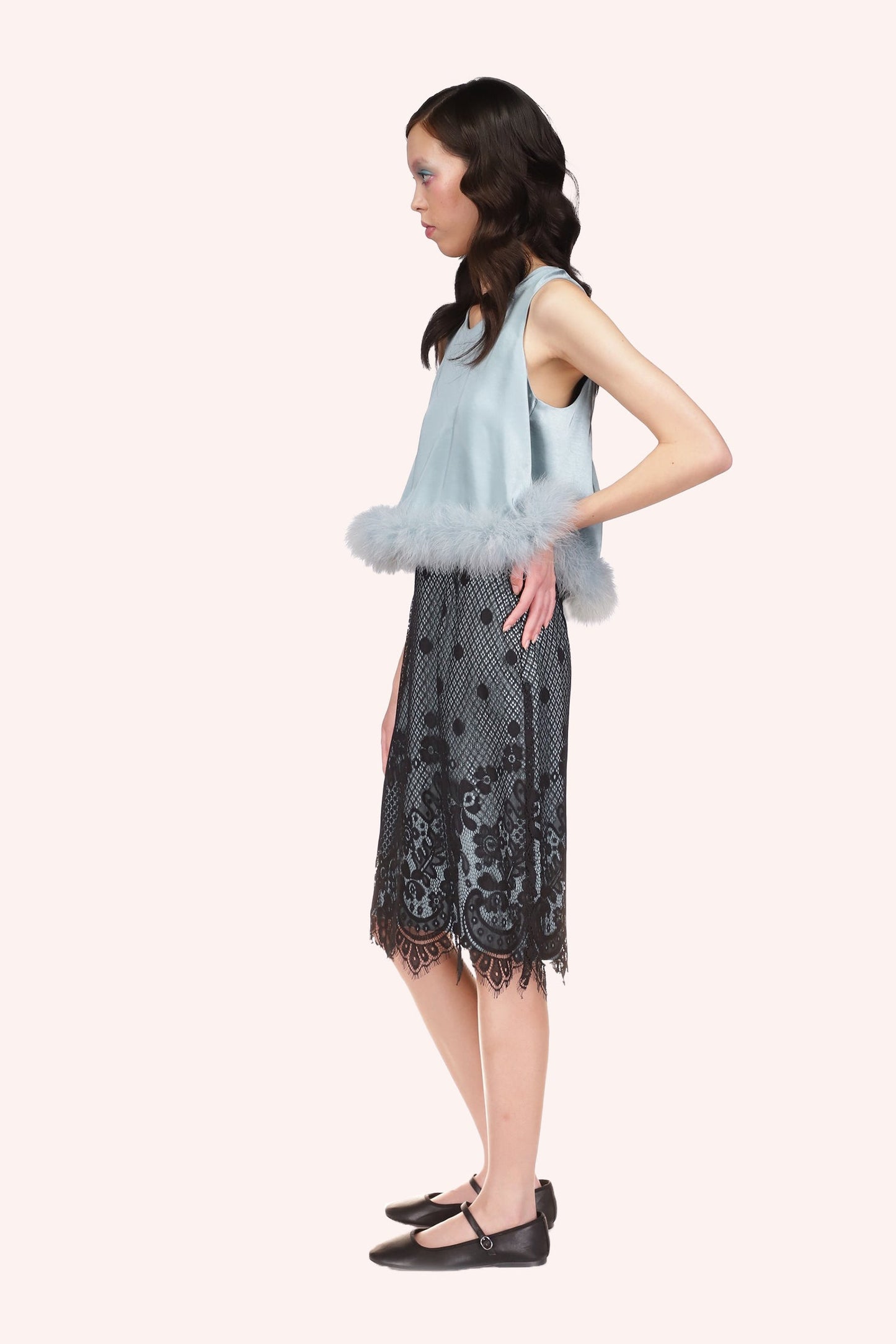 Washed Dusty Blue Satin with Lace Top Trimmed with Marabou Feather at waistline, ruffle effect.