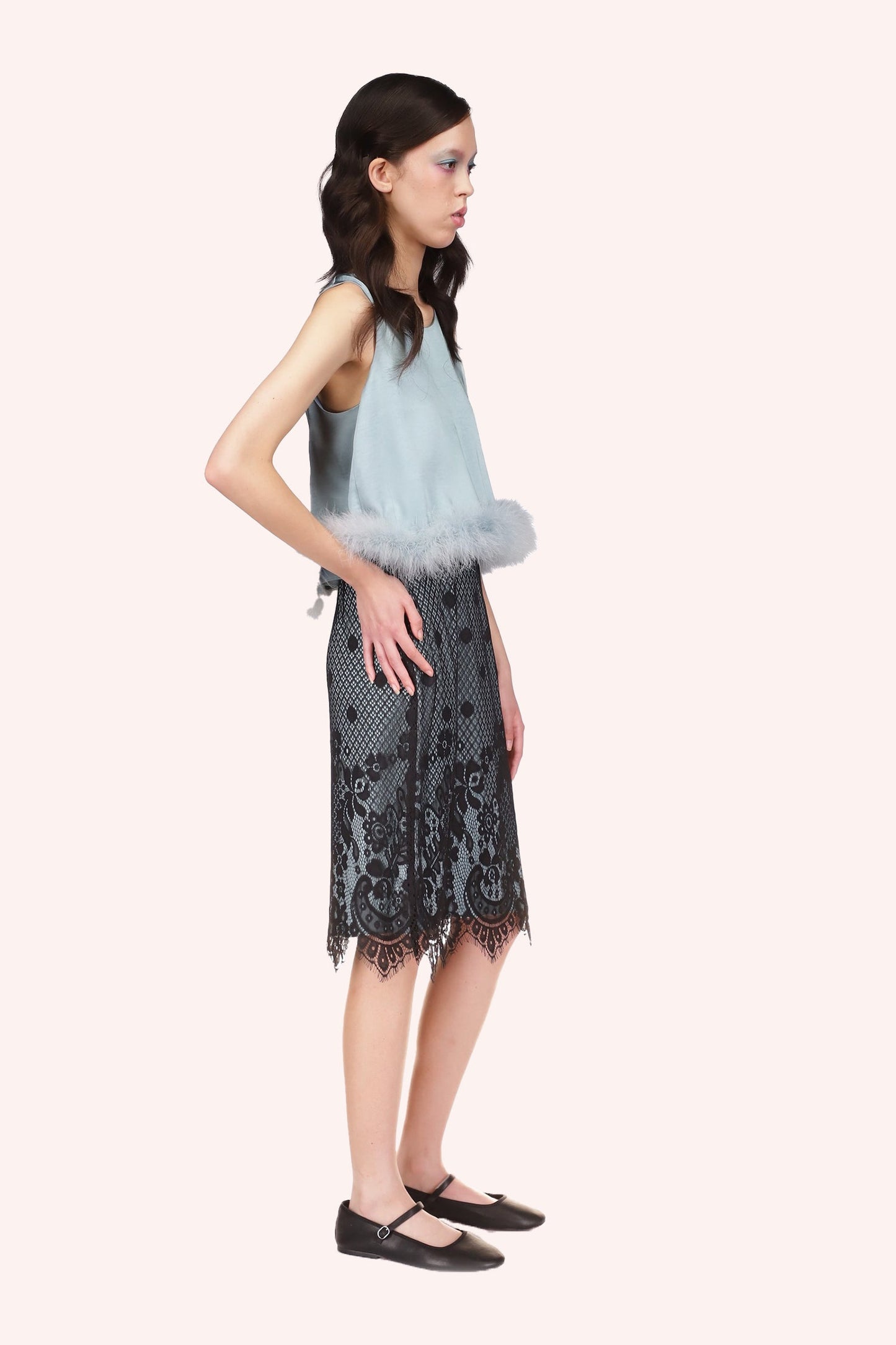 Washed Dusty Blue Satin with Lace Top Trimmed with Marabou Feather at waistline, sleeveless