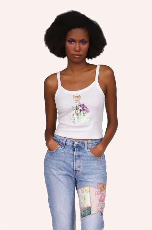 Micro Ribbed Scoop Tank White, sleeveless, 2 black straps, Anna Sui logo above a little girl with a white dog