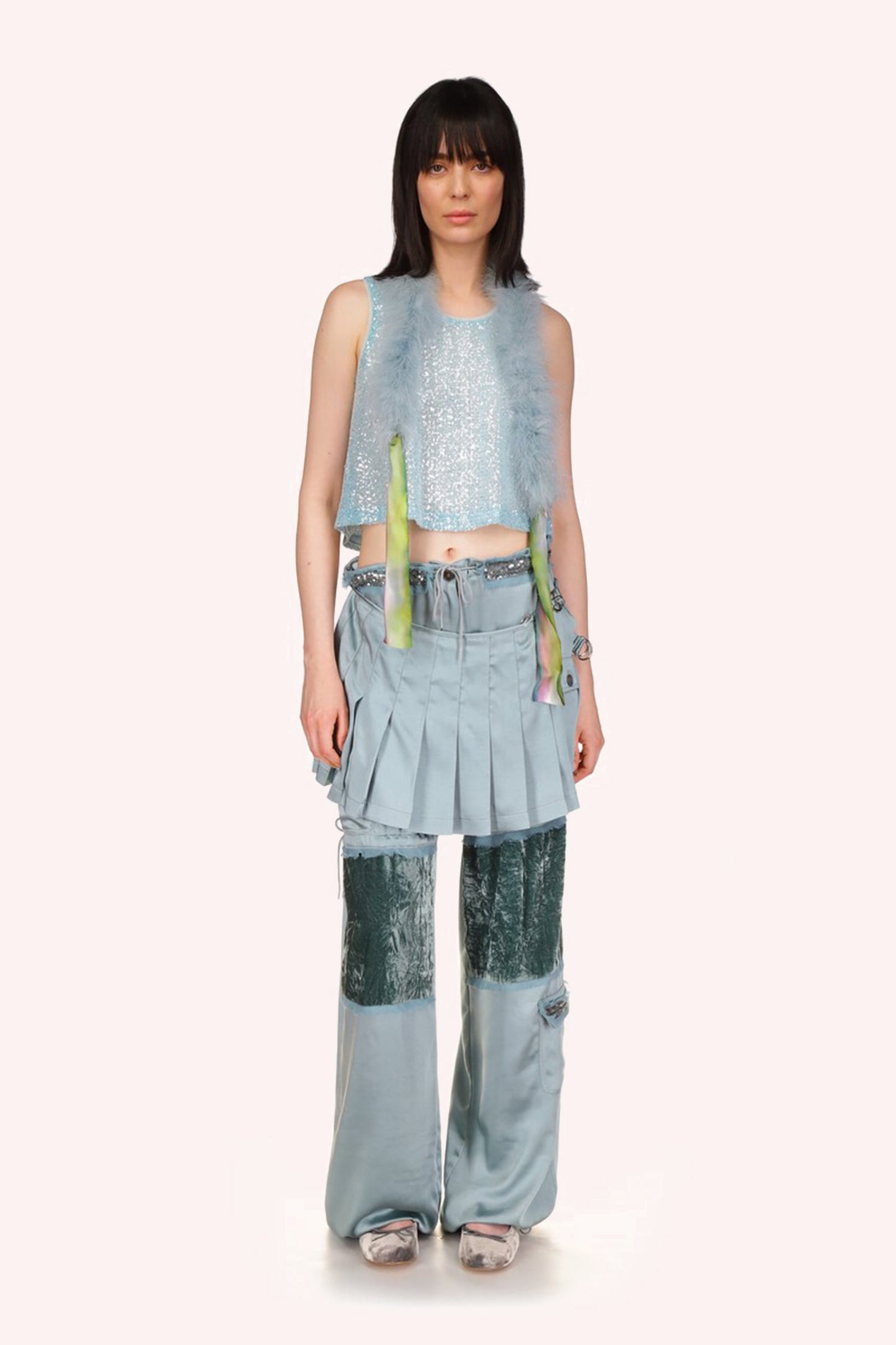 Sequin Chiffon Trimmed Washed Satin Pants