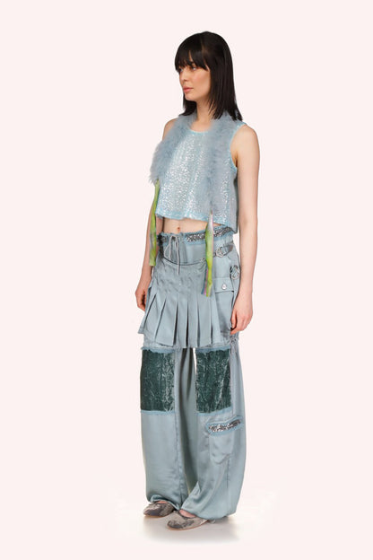 Sequin Chiffon Trimmed Washed Satin Pants