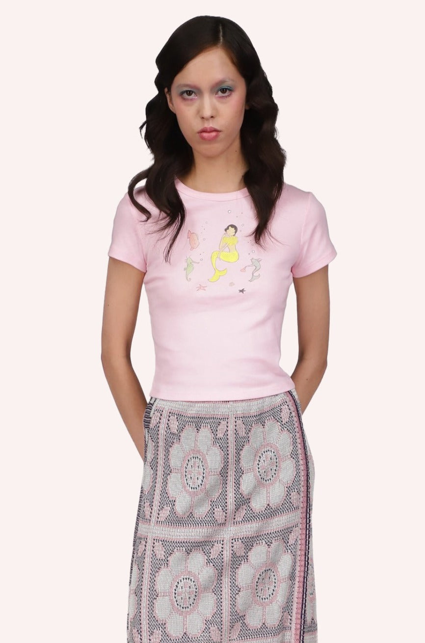 Mermaid Baby Tee Pink, short sleeves, above hips, yellow mermaid & ocean design