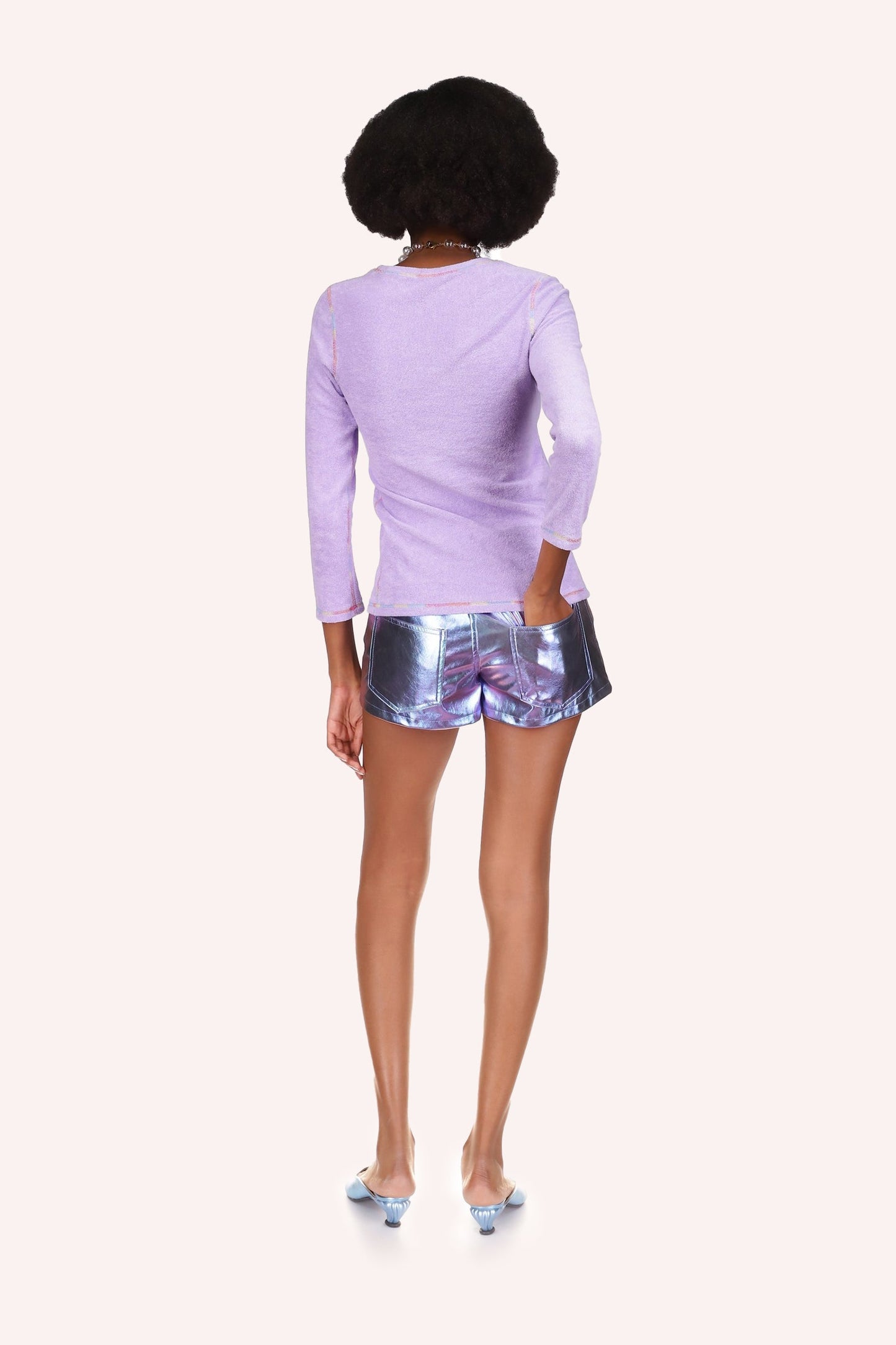 Metallic Faux Leather Shorts, metallic blue fitted short, 2 pockets on the back.