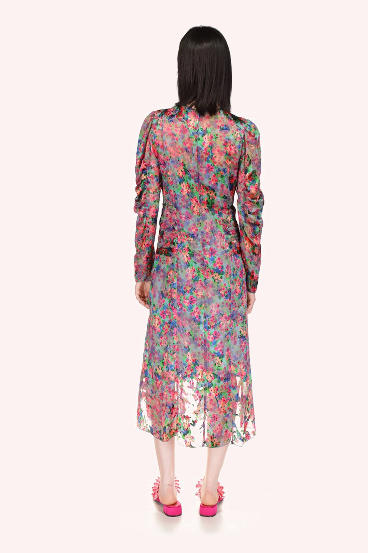 Giverny Burnout Satin Dress Dusty Blue, floral effect like an impressionist painting, transparent at bottom