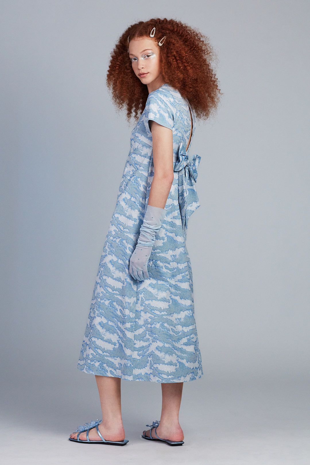 Sauvage Jacquard Dress Powder Blue is tight at the top and looser from the chest to the bottom
