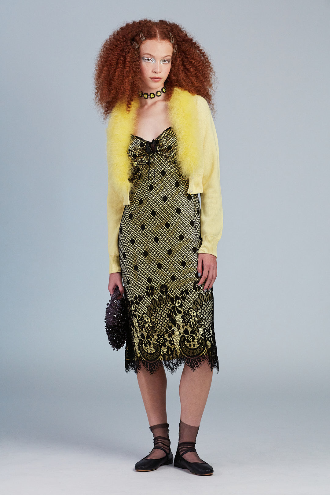 Washed Satin with Lace Dress Canary Yellow under and  Black lace on top of it, floral at bottom