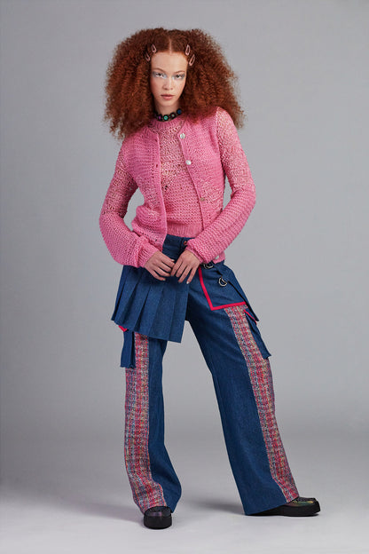 Mohair Tape Yarn Knit Pink Cardigan can be worn very casually, sleeves are covering the hands