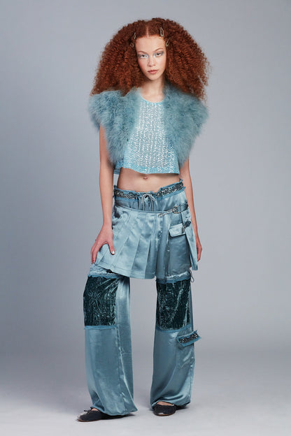 Sequin Chiffon Trimmed Washed Satin Pants