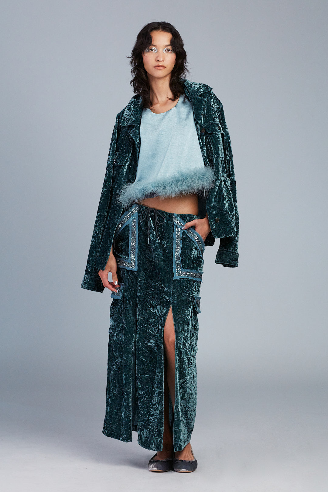 Washed blue Satin with Lace Top Trimmed with Marabou Feather paired with green skirt and jacket
