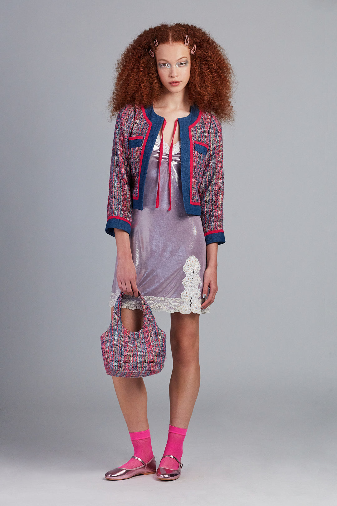 Lurex Tweed & Denim Tote mini-Bag, purplish denim, round handles for easy use , rectangle shape